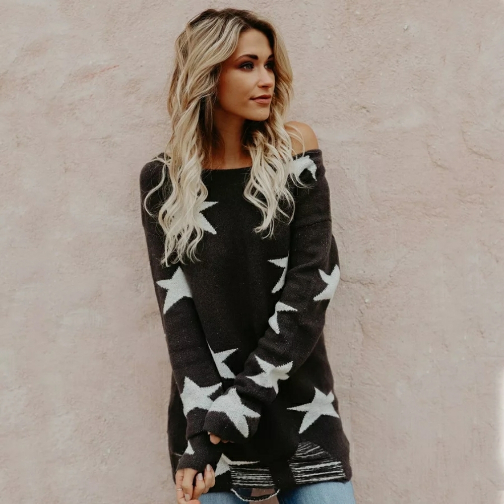 New! Black Knit Star Distressed Hem Sweater - Picture 2 of 8